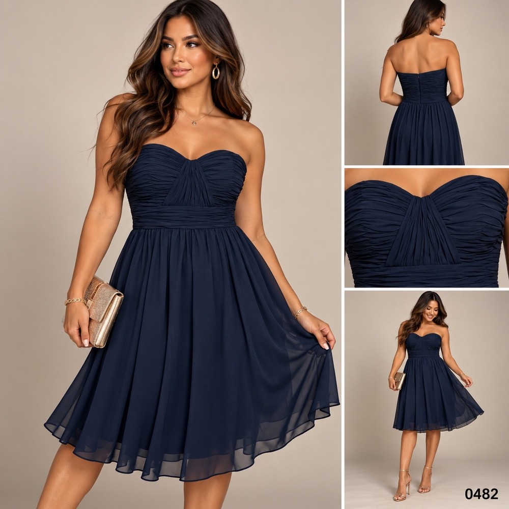 Mori Lee Navy Strapless Chiffon Cocktail Formal Bridesmaid Dress Size 8